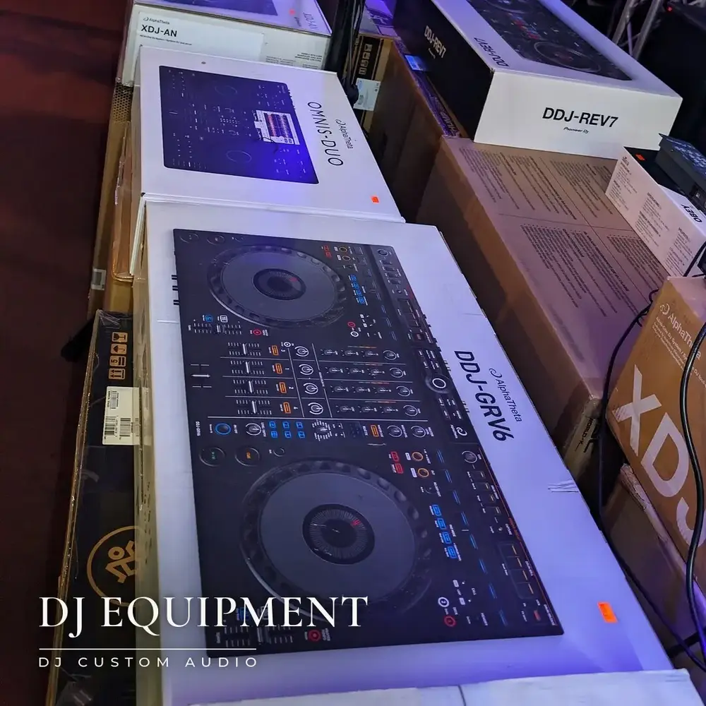 A row of DJ controllers at the shop