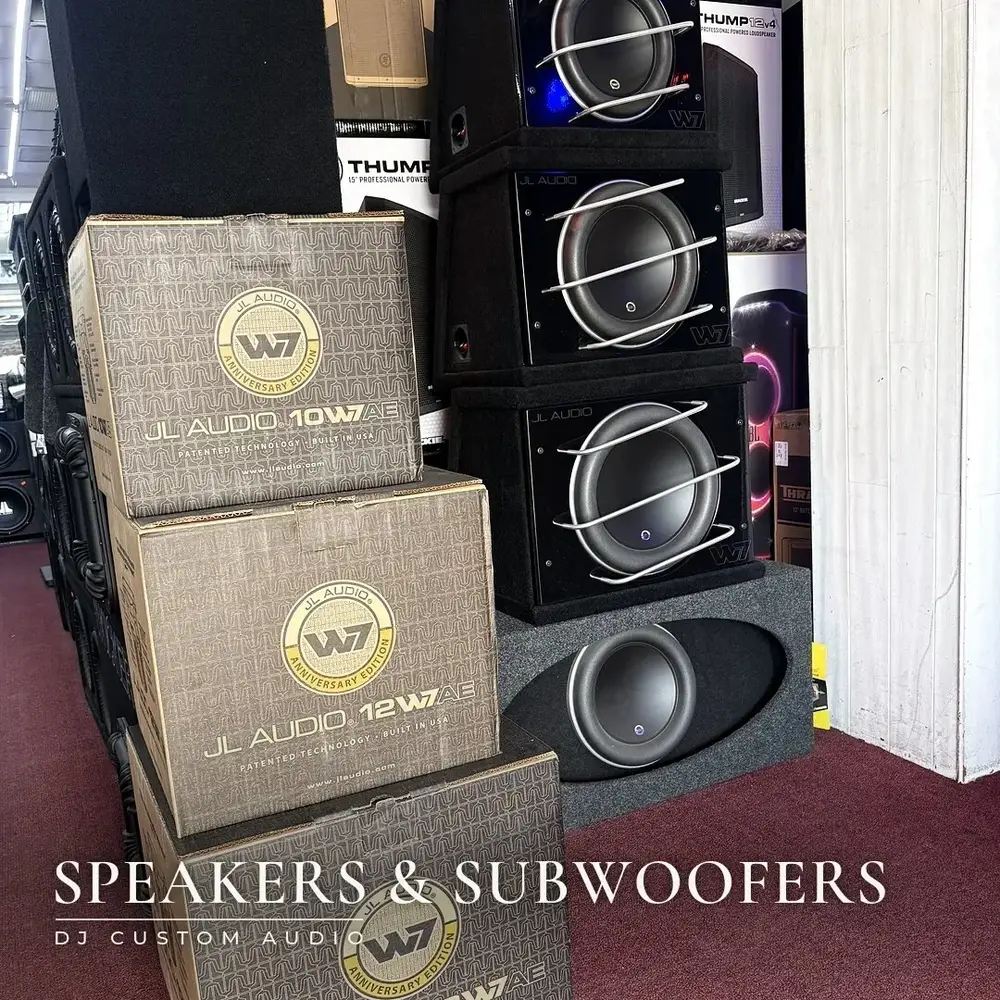 JL Audio subwoofer boxes on the shop floor