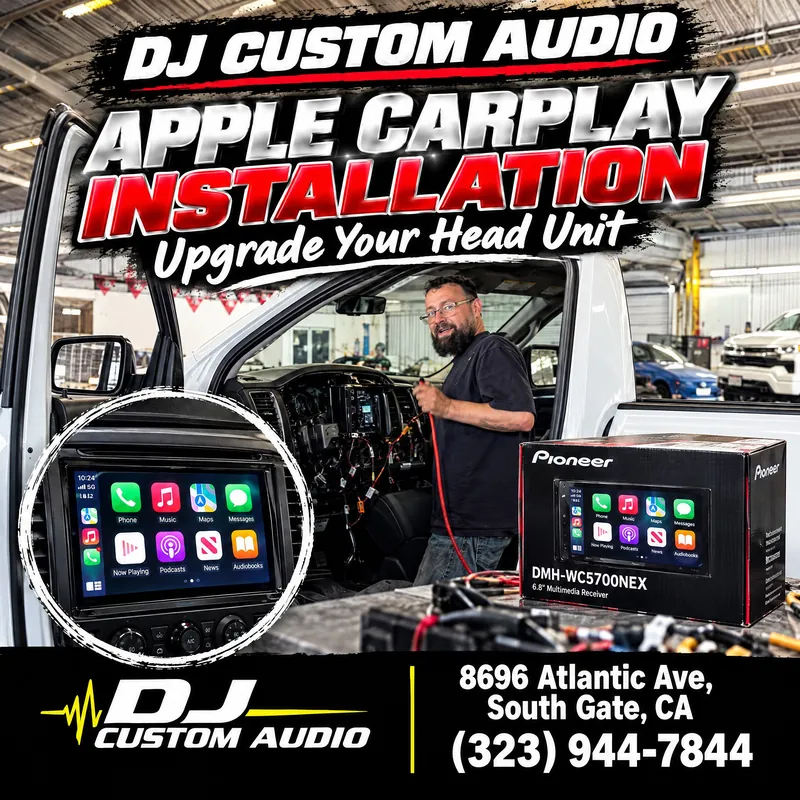 Apple CarPlay install promo: wireless CarPlay screen in a truck dash