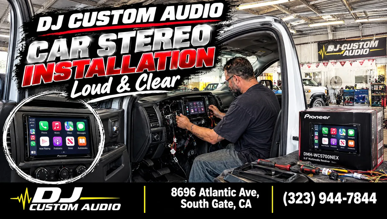 Car stereo install promo: Pioneer touchscreen going into a truck dash