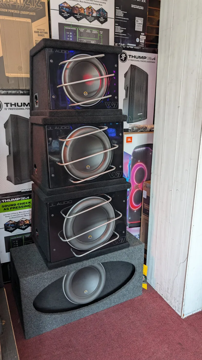 Stack of JL Audio W7 subwoofer enclosures