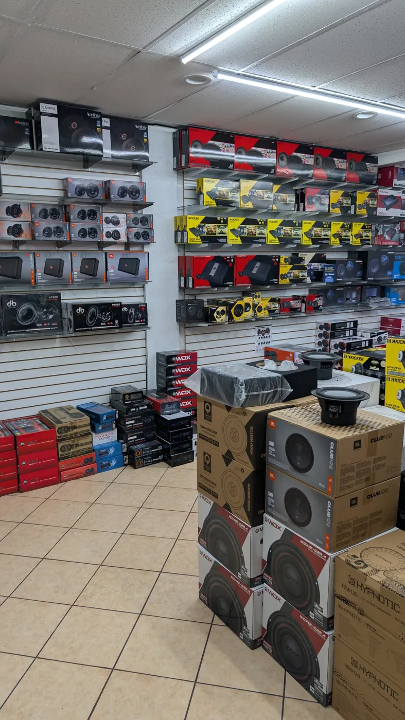 Wall of Kicker, JBL, Infinity and DB Drive speakers and amps