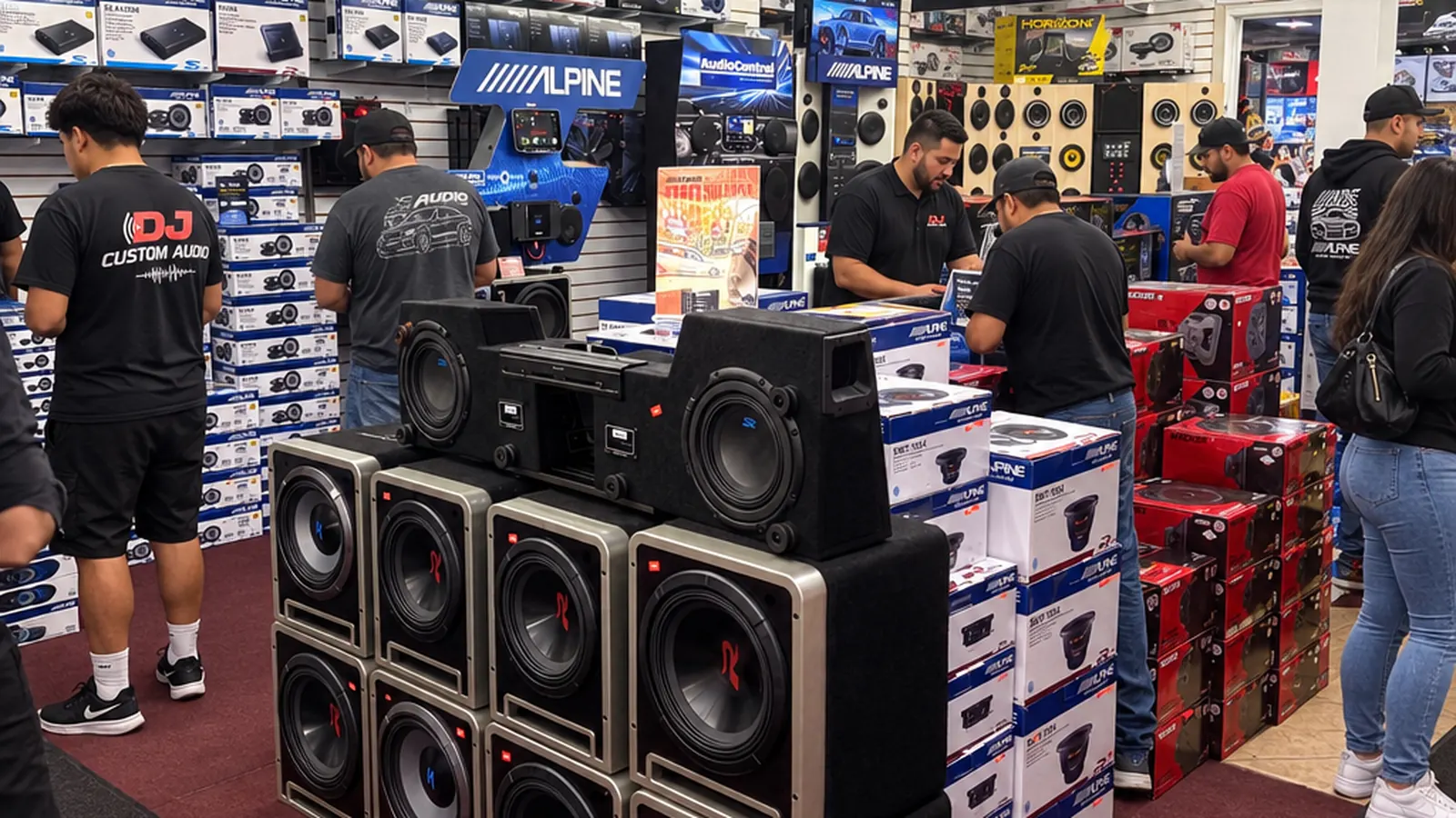 Altadena drive-in: the car audio floor with stacked subwoofer boxes and the Alpine wall at DJ Custom Audio in South Gate
