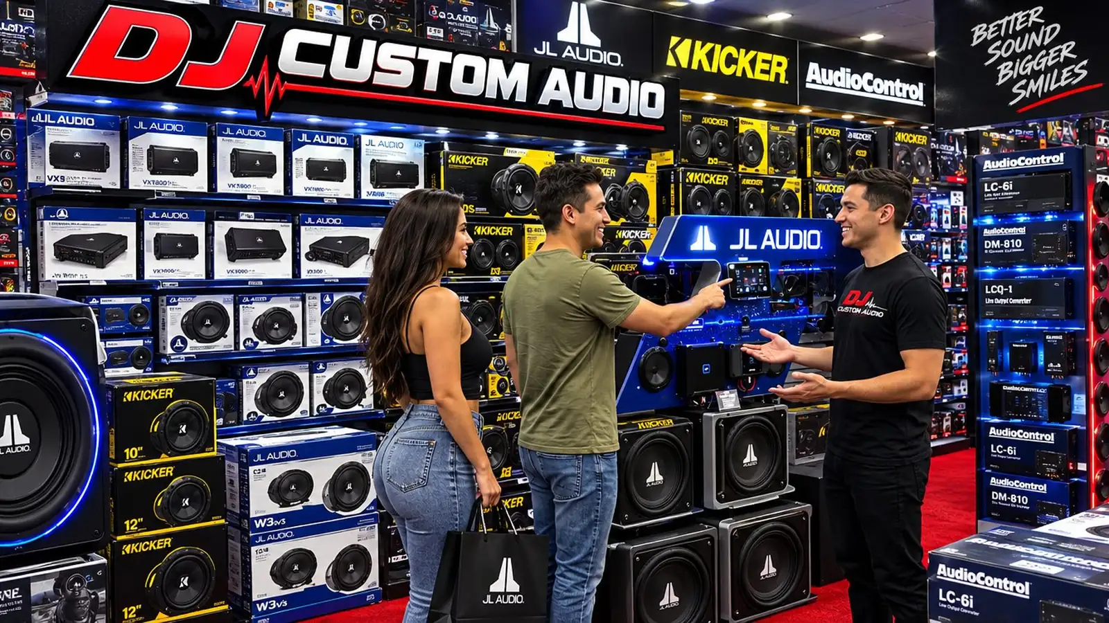 Duarte drive-in: a shop guy walking a couple through the JL Audio and Kicker wall at DJ Custom Audio in South Gate
