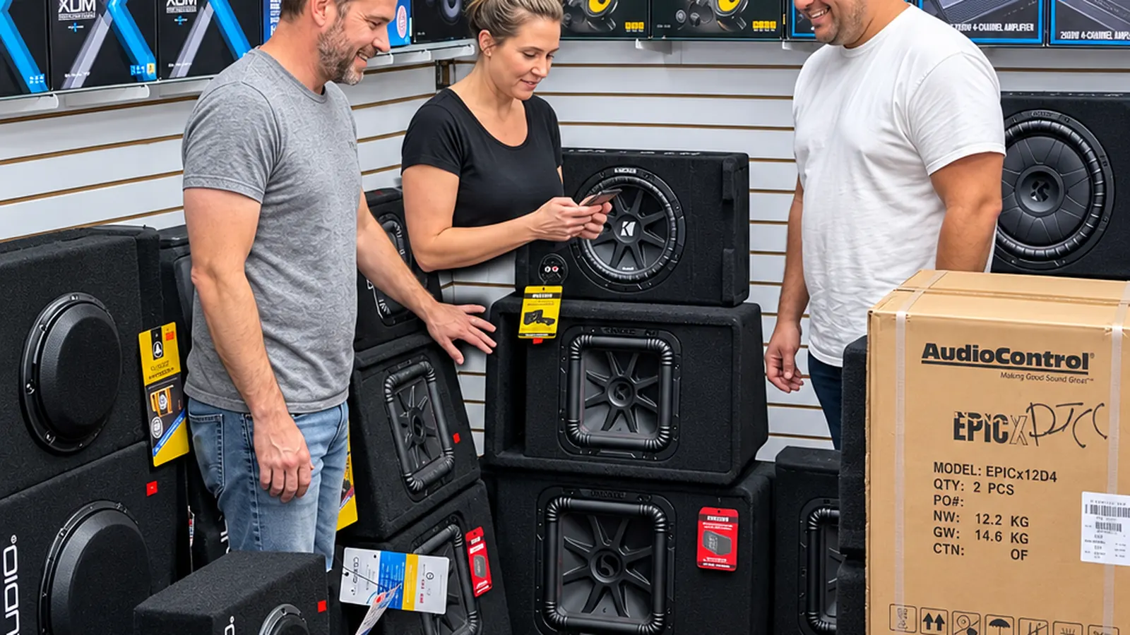 Granada Hills drive-in: a couple and a shop guy picking out a JL Audio and Kicker subwoofer box at DJ Custom Audio in South Gate