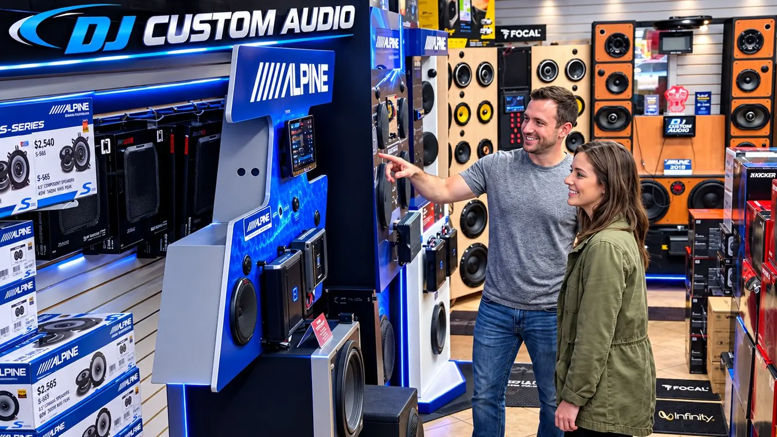 La Verne drive-in: a couple checking out the Alpine dealer wall and the Focal speaker display at DJ Custom Audio in South Gate