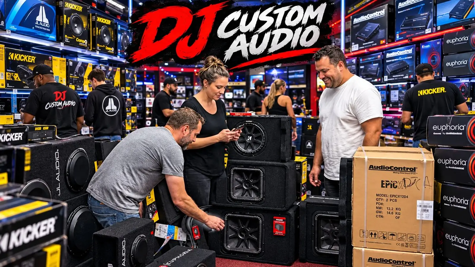 Montclair drive-in: customers looking over subwoofer boxes and an AudioControl Epicenter on the car audio floor at DJ Custom Audio in South Gate