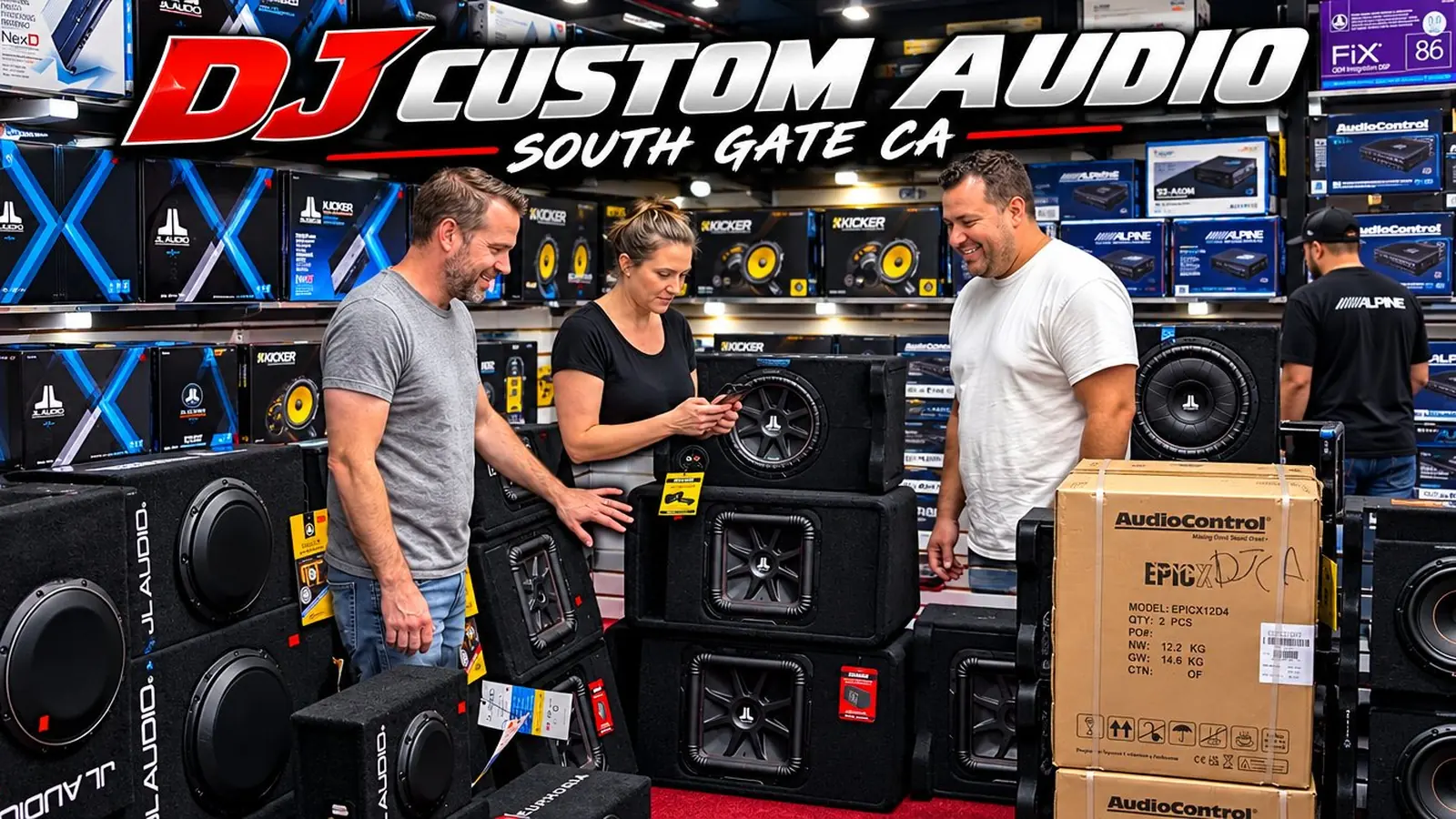 Rancho Palos Verdes drive-in: customers checking out loaded subwoofer enclosures with a shop guy on the car audio floor at DJ Custom Audio in South Gate