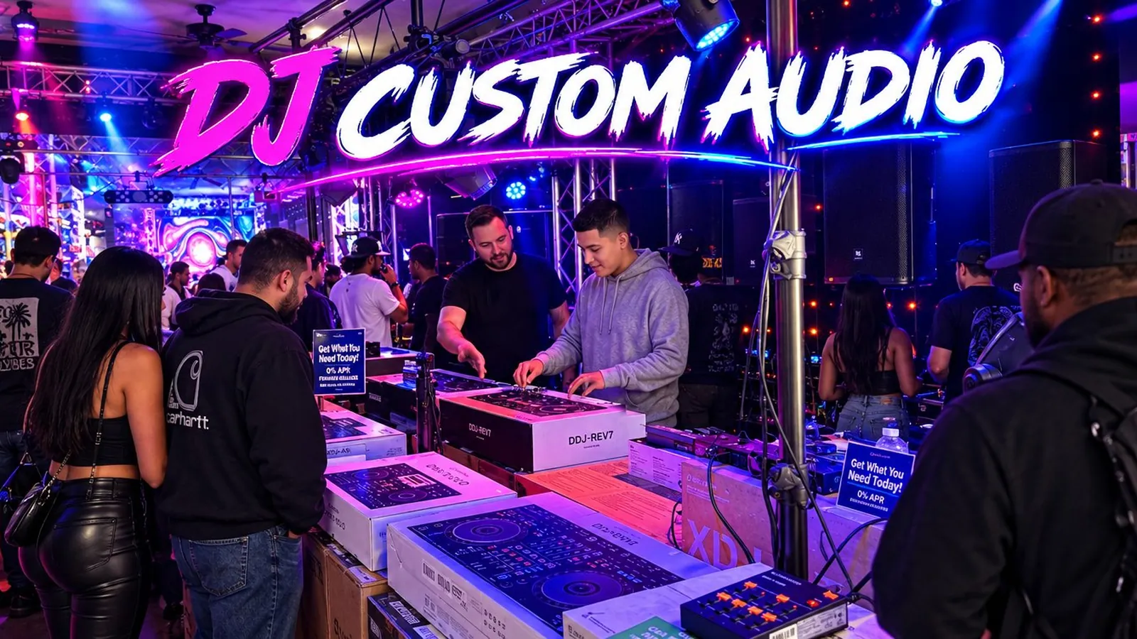 Brentwood drive-in: customers trying DJ controllers under the neon sign on the DJ floor at DJ Custom Audio in South Gate