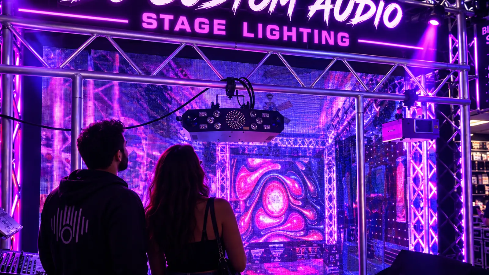 Pacoima drive-in: a couple watching the stage lighting truss on the DJ floor at DJ Custom Audio in South Gate