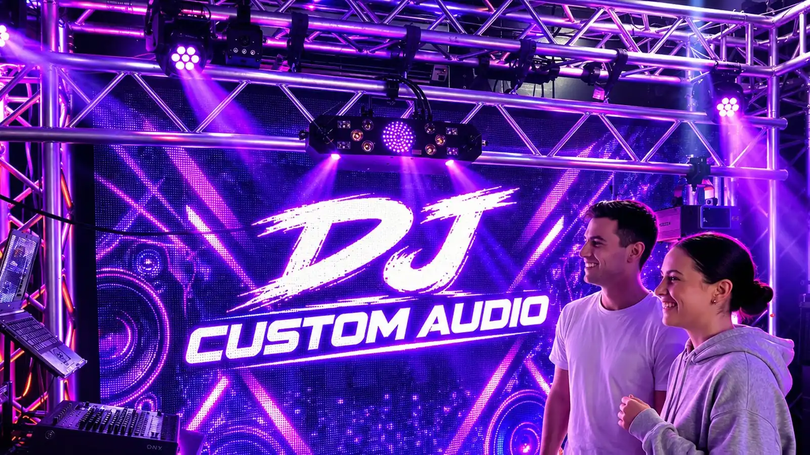 Rolling Hills Estates drive-in: a couple watching the lit truss and the DJ Custom Audio backdrop on the DJ floor at DJ Custom Audio in South Gate