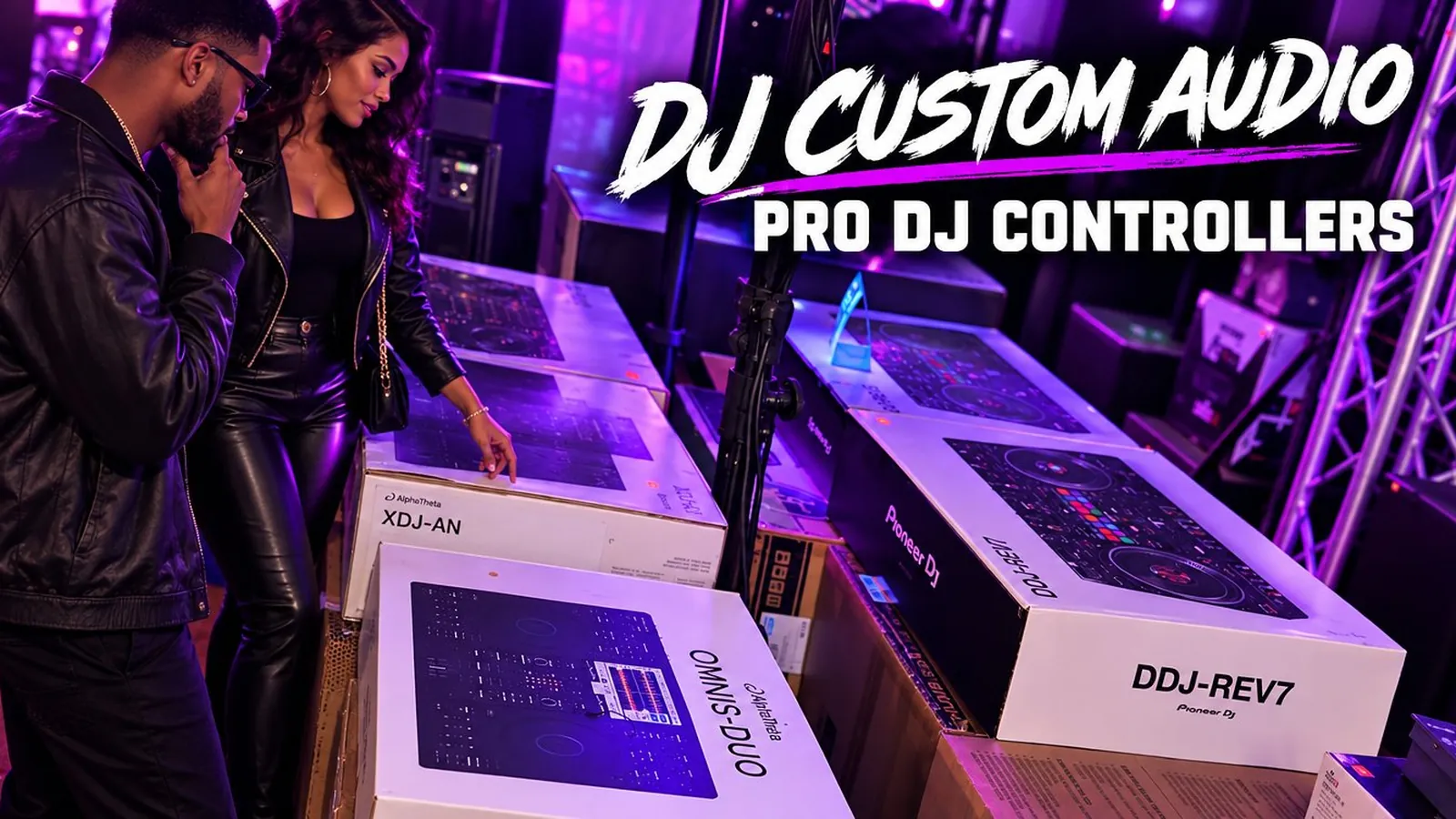 West Hollywood drive-in: a couple looking over Pioneer DJ DDJ-REV7 controller boxes on the DJ floor at DJ Custom Audio in South Gate
