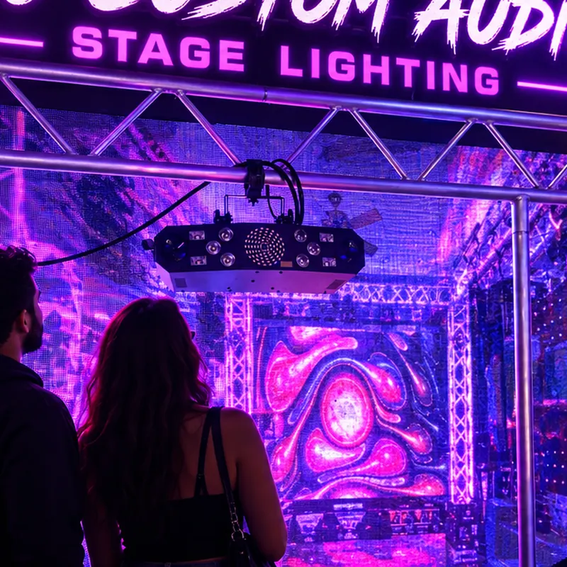 Stage lighting on truss in front of the LED wall at DJ Custom Audio