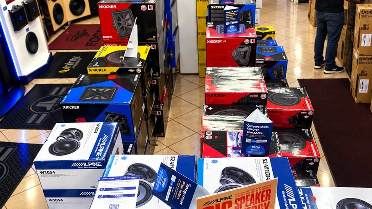 Alpine subwoofer and speaker boxes stacked on the car audio floor at DJ Custom Audio