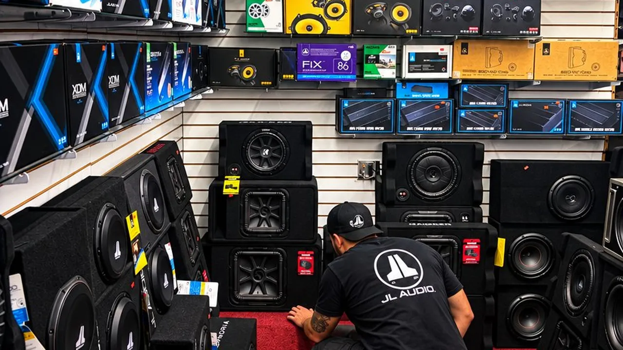 Shop crew at the authorized JL Audio subwoofer wall at DJ Custom Audio