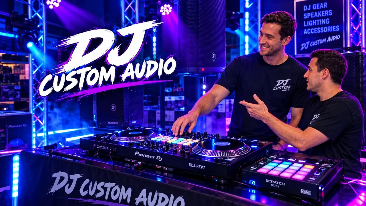 Two guys trying a Pioneer DJ setup at the DJ booth at DJ Custom Audio