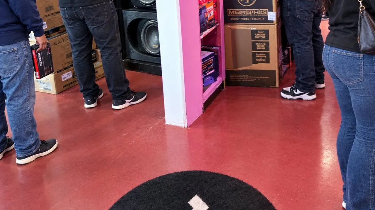 Customers walking the aisles at DJ Custom Audio, with the logo on the floor
