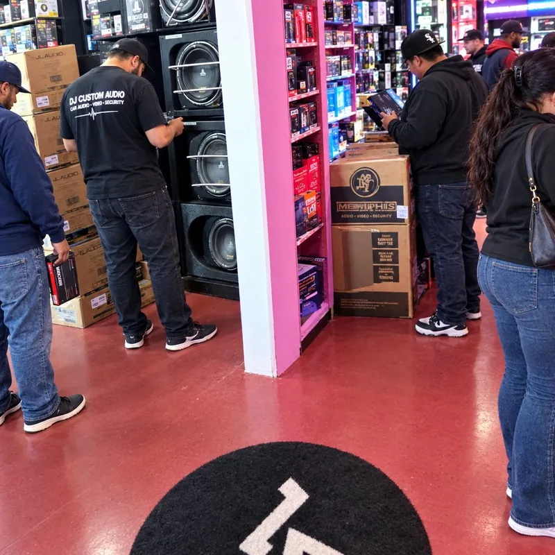 Customers walking the aisles at DJ Custom Audio, with the logo on the floor