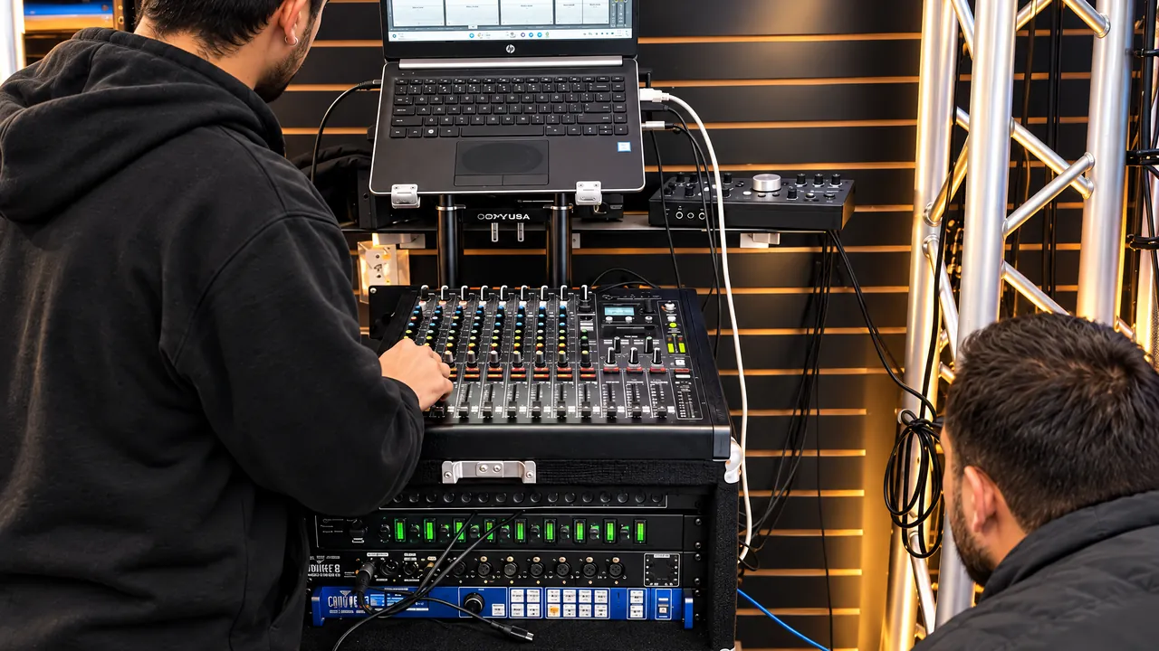 Mixer and rack cabling on the DJ booth at DJ Custom Audio