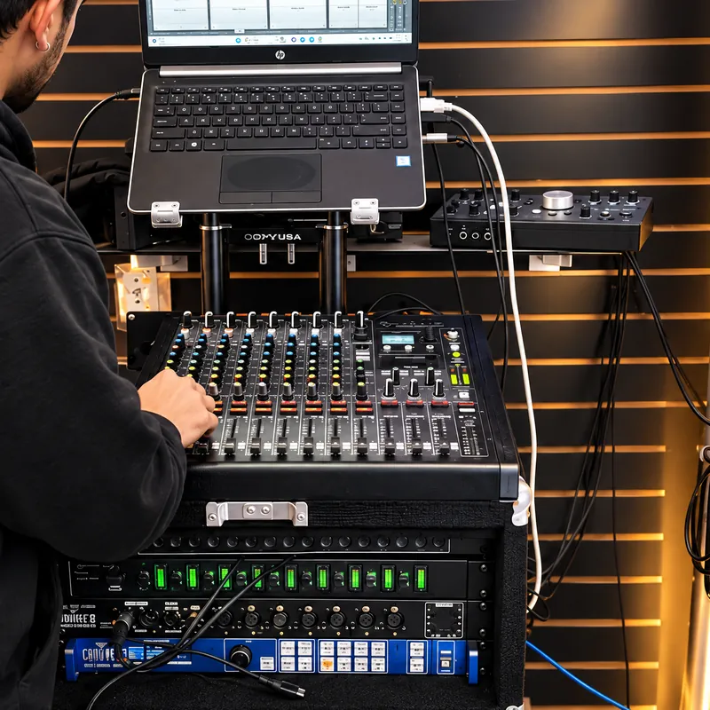 Mixer, rack gear and a laptop on the DJ booth