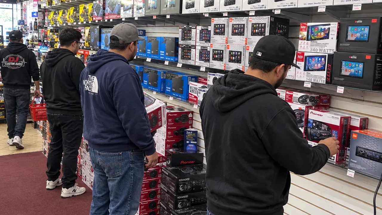 Car stereo and head unit aisle inside DJ Custom Audio in South Gate