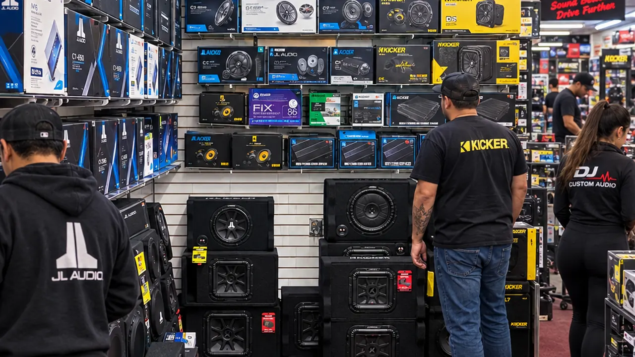 JL Audio and Kicker amps and subs on the wall at DJ Custom Audio