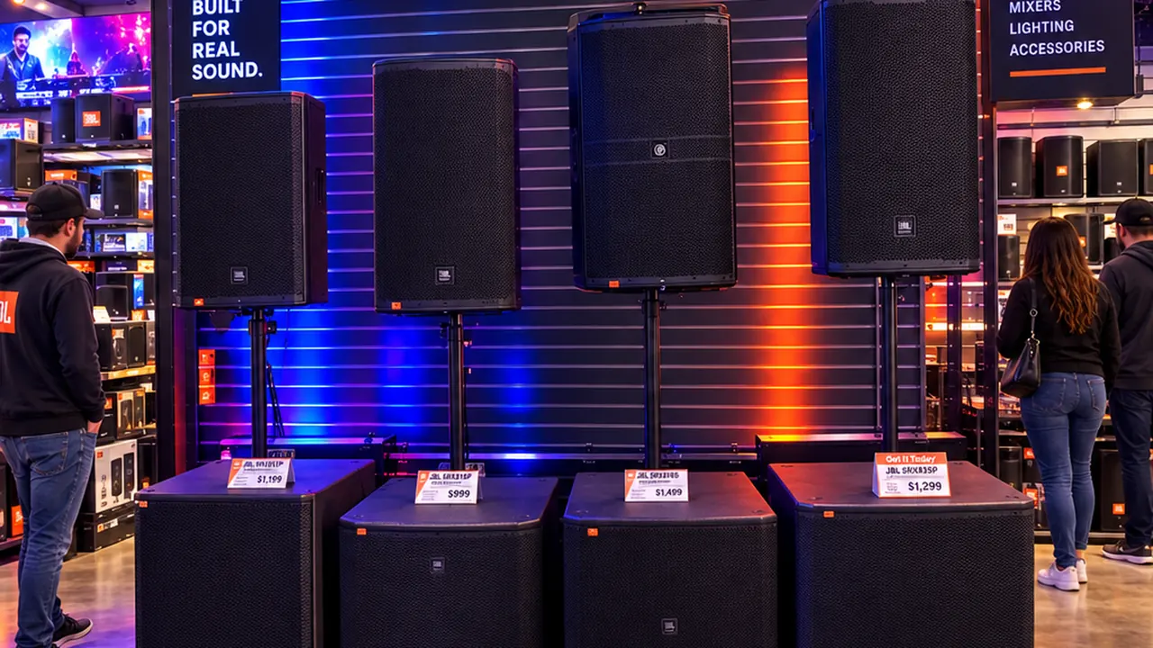 JBL powered PA speakers and subs on display at DJ Custom Audio
