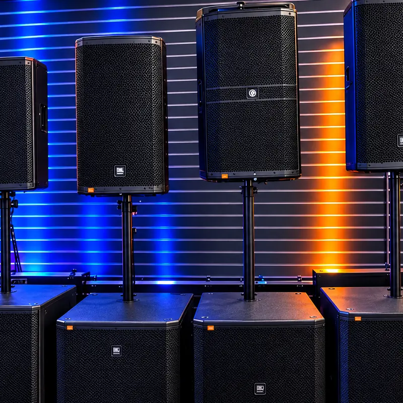 JBL powered PA speakers and a microphone on the DJ floor