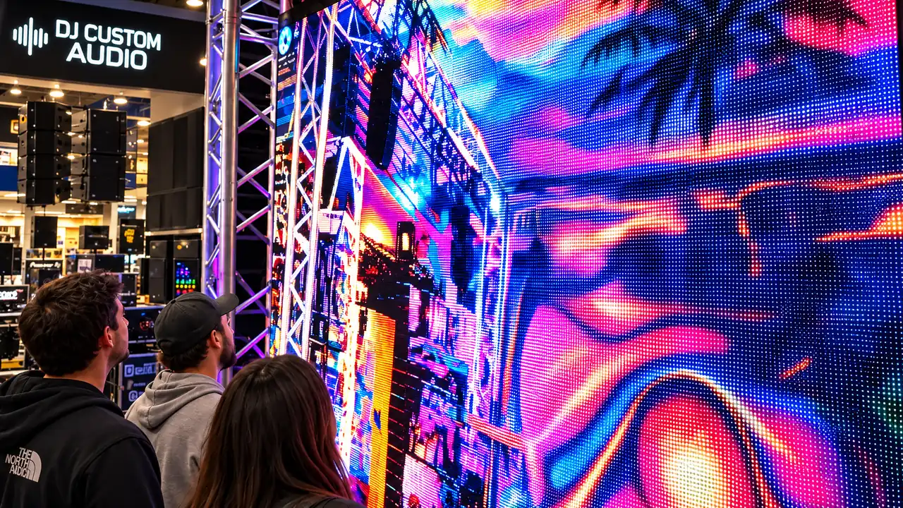 Truss and an LED video wall on the DJ floor at DJ Custom Audio