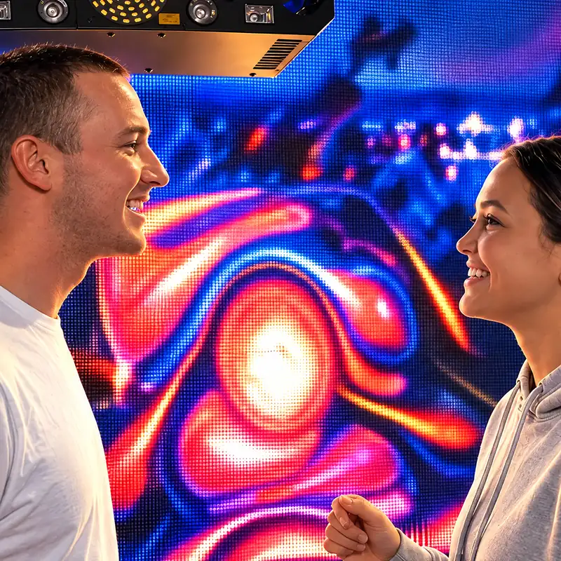 Customers in front of the LED video wall on the DJ floor