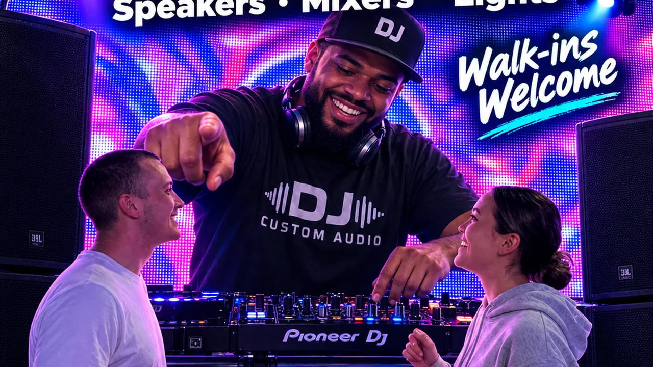 DJ showing customers a Pioneer DJ setup